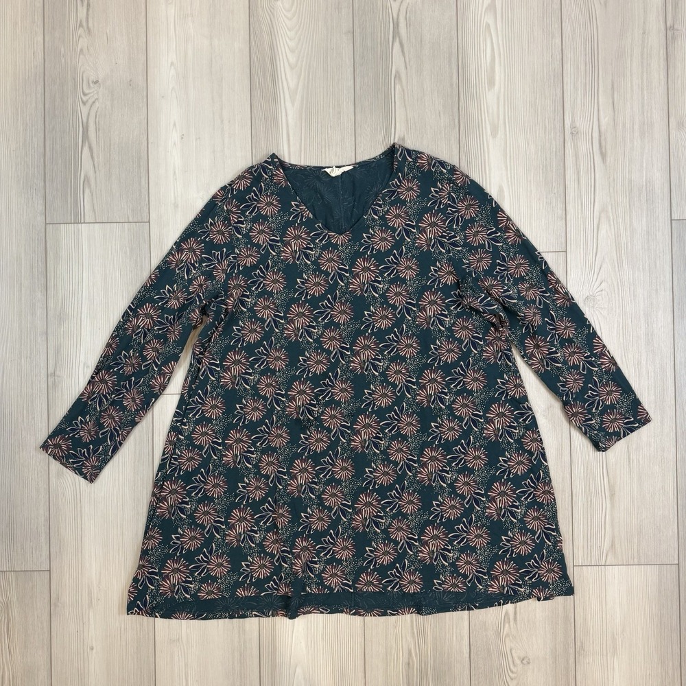 Seasalt Cornwall US 16‎ Sea Cruise Tunic Knit Top Green Floral Cotton V-Neck